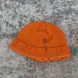 Orange Knit Beanie with Safety Pin Detail
